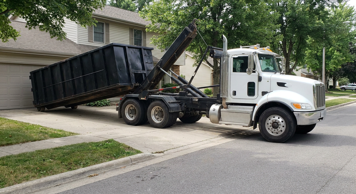 White-cab hooklift roll-off truck actively lowering a matte-black dumpster onto a Flint residential concrete driveway, the dumpster's rear wheels touching the driveway as the hoist arm tilts the bed forward, mid-morning daylight.
