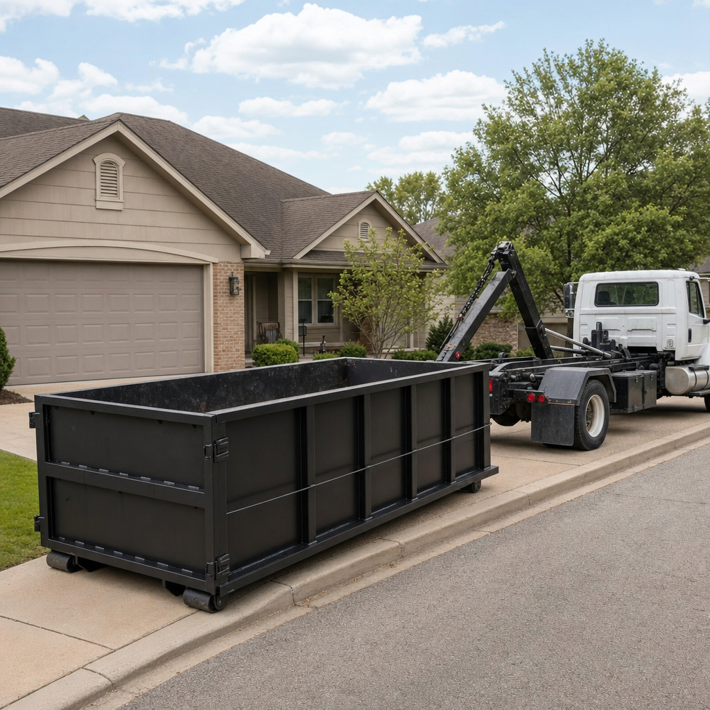 Wide documentary shot of a matte-black roll-off dumpster on a Flint residential driveway in the foreground and a contractor jobsite container in the soft-focus background, bright daylight, calm and orderly composition.