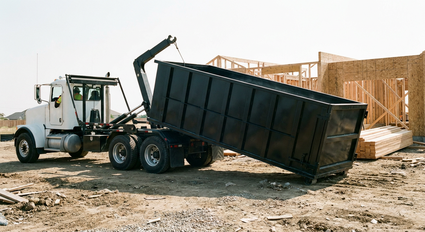 Matte-black roll-off dumpster being delivered onto a clean residential concrete driveway in Flint by an unmarked white hooklift hauler truck, bright morning daylight, documentary 35mm perspective.